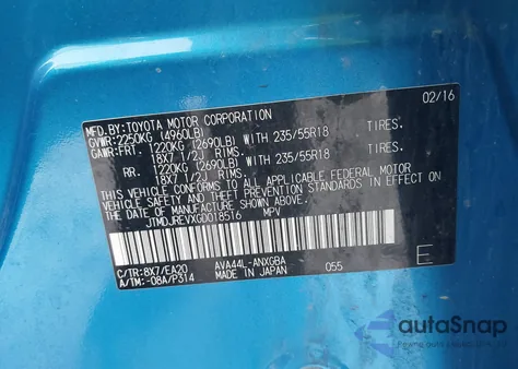 2016 Toyota Rav4 Hybrid Limited from USA, damaged, VIN JTMDJREVXGD018516